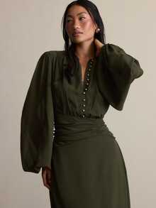 COSMINA Women's Solid Color Pleated Casual Party Dress - Dark Green - View 5