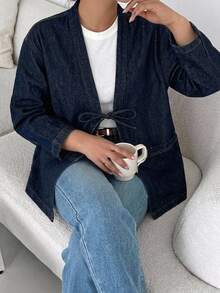 Dazy Plus Dark Wash Vintage Loose Fit Tie-Up Large Pocket Blogger Style Spring/Autumn New Denim Jacket - Dark Wash - View 6