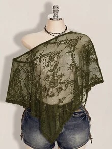 SHEIN ICON 女款大尺碼性感蕾絲單肩不對稱下擺罩衫上衣 - 軍綠色 - 查看 3