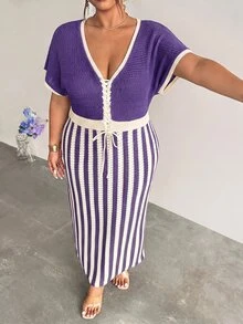 Firerie Plus Size Vintage Vacation Drawstring Tie Contrast Color Knit Dress - Purple - View 3