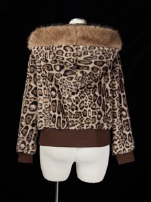 Sunspun Plus Size Women's Plush Patchwork Leopard Print Versatile Long Sleeve Jacket Winter - Brown - View 7