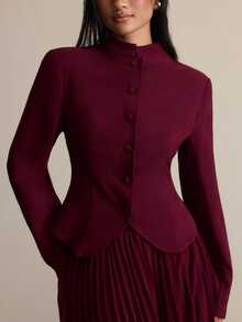 COSMINA Women's Elegant Party Solid Color Blouse Pleated Skirt Blazer Suit Set - Burgundy - View 2