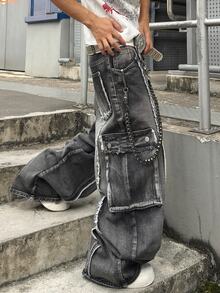 STEELVANCE 街頭風復古時尚百搭做舊水洗耐穿原色毛邊多口袋設計寬鬆直筒寬腿休閒牛仔褲（不含腰帶與配件） - 黑色 - 查看 4