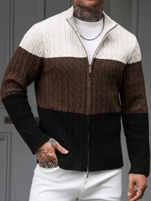 Manfinity CasualCool جاكيت كارديجان رجالي محبوك بكابلات وتصميم كتل لونية، بياقة واقفة وسحاب أمامي، كنزة محبوكة بلون موحد بنسيج ثلاثي الأبعاد وأكمام طويلة - قهوة بني - مشاهدة 5