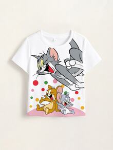 TOM & JERRY X SHEIN 少女卡通印花圓領短袖休閒T恤 - 白色 - 查看 7