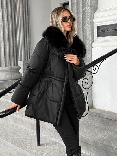 Pariaura New Oversized Fur Collar Waist-Cinching Mid-Length Padded Coat For Women, Loose Fit Slimming Elegant Luxury Commuter Fashion Jacket