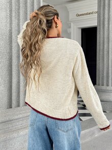 Pariaura Cream & Contrast Color 3D Floral Heart Button + Burgundy Trim Sweet Youthful Versatile Knit Cardigan - Beige - View 2
