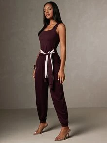 Hauture Women's Sexy Casual Contrast Dark Purple Tie-Up Sweatsuit Jumpsuit, Office Wear, Business Casual, Going Out Brunch, Traveling Summer - Burgundy - View 5