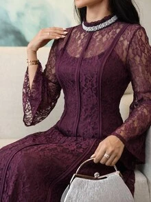 Yasmyna Women's Elegant Lace Beaded Decor Arabian Dress - Apricot - View 3
