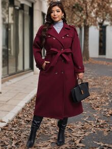 Reflora Mantel Kasual Musim Dingin Wanita Ukuran Besar Warna Polos Kancing Ganda Lengan Panjang dengan Saku - Burgundy - View 6