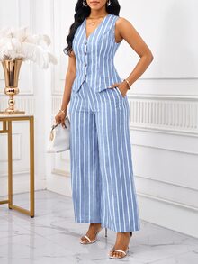 SHEIN Lady 藍白條紋布料女款優雅無袖背心與長褲套裝 - 淺藍色 - 查看 4