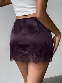 Aloruh Women's Elegant Low Waist Lace Patchwork Satin Fitted Pink Mini Skirt - Purple - View 2