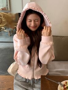 DAZY Pink Ruffle Trim Hooded Zipper Waist-Cinching Ruched Hem Long Sleeve Cropped Casual Cute Sweatshirt Jacket Fall - Pink - View 3