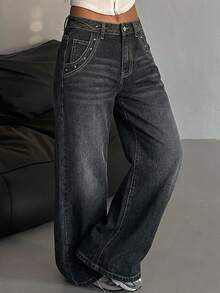 DAZY 女款寬腿鬆垮休閒百搭牛仔褲，附口袋 - 灰色 - 查看 9