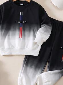 2pcs Boys Fall Style Black White Color Block Gradient PARIS Letter Print Long Sleeve Sweatshirt & Pants Set Casual Fashion Autumn Winter - Blue - View 5