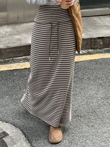 DAZY Women's Elastic Drawstring Waist Grey Plaid Knit Fabric Slim Fit Bodycon Casual Versatile Long Skirt Spring Everyday Work Fall - Grey - View 4