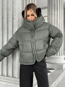 Pariaura Minimalist Commuter Hooded Quilted Jacket With Snap-Button Detachable Hood, Two Styling Options, Large Check Quilted Pattern, Smooth Zipper Placket, Cotton Padded - Grey - View 5