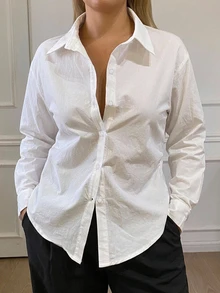 Dazy Plus Solid Color Fitted Waist Long Sleeve Collared Elegant Formal Spring Summer Autumn Blouse White Shirt - White - View 7