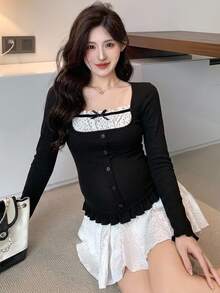 Dazy Maternity Patchwork Polka Dot Lace Bow Long Sleeve Square Neck Casual Daily Vacation Korean Style Spring Autumn Maternity T-Shirt - Black - View 3