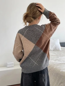 DAZY (Gadis Remaja) Sweater Tebal Lengan Panjang Longgar Kasual Leher V Motif Kotak-kotak Blok Warna, Musim Gugur/Dingin - Khaki - View 6