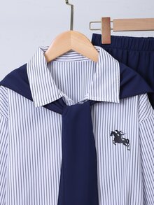 Tween Girl Knight Print Shirt And Solid Color Pants With Shawl Set,Fashion Academy, Suitable For Wearing In Various Occasions - Blue - View 4