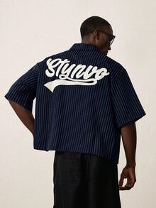 STYNVO 男士刺繡條紋單排扣短袖襯衫 - 藏蓝色 - 查看 4