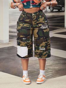 Slaydiva Plus Size Women Non-Stretch Denim Capri Pants Camouflage Print Design Distressed Straight Leg Cowboy Outfits For Women - Multicolor - View 1