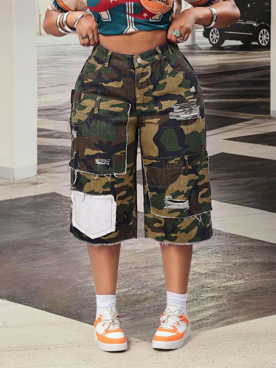 Slaydiva Plus Size Women Non-Stretch Denim Capri Pants Camouflage Print Design Distressed Straight Leg Cowboy Outfits For Women - Multicolor - View 1