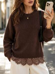 Editum Women's Solid Color Round Neck Drop Shoulder Long Sleeve Lace Hem Patchwork Sweater Brunch Dark Brown Autumn Casual - Brown - View 1