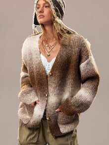 SHEIN Autumn/Winter Fashion Tie-Dye V-Neck Long Sleeve Cardigan Sweater - Multicolor - View 1