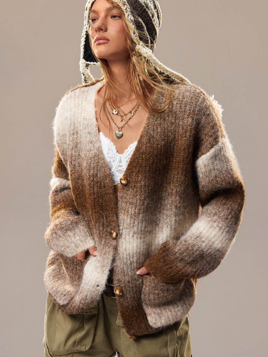 SHEIN Autumn/Winter Fashion Tie-Dye V-Neck Long Sleeve Cardigan Sweater - Multicolor - View 1