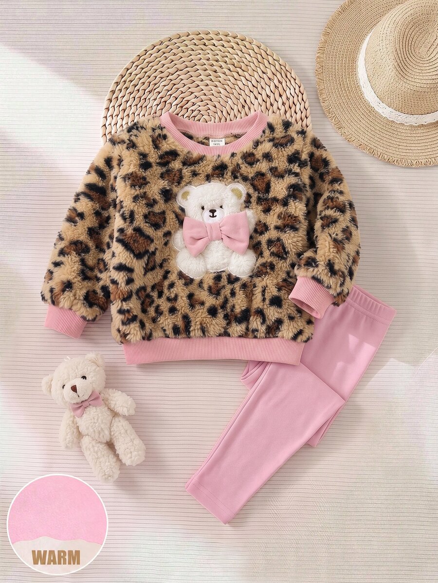 SHEIN Babygirl Cute Cartoon Bear Pattern Leopard Print Color Block Sweatshirt And Elastic Waist Long Autumn Winter Pants Set - Brown - View 1