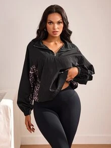 Slayform Half Zip Leopard Print Color Block Sweatshirt, Long Sleeve Stand Collar Drawstring Hem Loose Sport Pullover For Daily Outdoor Jogging - Black - View 5