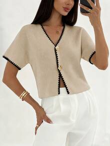 Aloruh Women's Metal Button Shell Embroidery Knit Thin Cardigan - Khaki - View 4