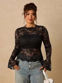 Travachic Plus Size Women Lace Sexy Sheer Long Sleeve Top Fall - Black - View 5