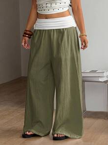 Coolane Women's Plus Size Summer Fall Going Out Elegant Vacation Country Concert Boho Basic 100 Cotton Color-Blocked White Green Mid-Waist Wide Leg Pants - Army Green - View 5
