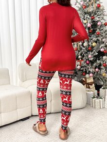 SHEIN طقم من قطعتين للحوامل: تي شيرت بأكمام طويلة مطبوع عليه شعار عيد الميلاد وسروال ضيق بخصر قابل للتعديل - الأحمر - مشاهدة 2