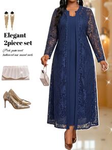 Fleurora Plus Size Women Solid Color Spaghetti Strap Dress And Lace Cardigan Fashion 2 Pieces Set - Navy Blue - View 1