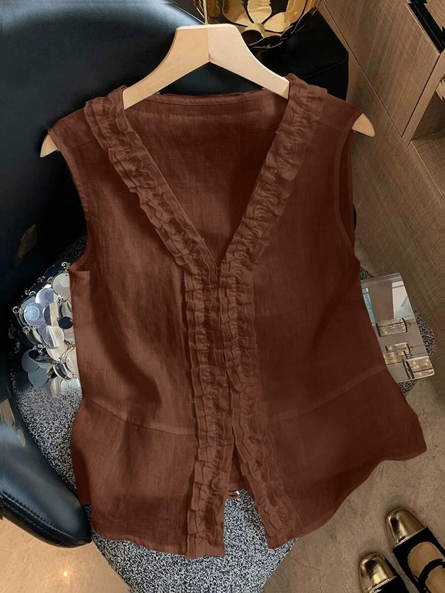 SHEIN Franclia 女款深棕色夏季背心，寬鬆直筒版型，V領荷葉邊門襟，無袖，復古優雅休閒風，適合花園派對與早午餐