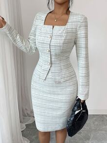 SHEIN Elenzya Fall Clothes For Women Light Gray Plaid Square Neck Long Sleeve Top Pencil Skirt 2 Pieces Set - Light Coffee - View 3