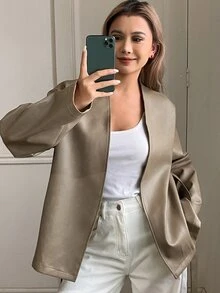 Livesso 女款時尚通勤繫帶夾克外套 秋季 - 綠色 - 查看 4