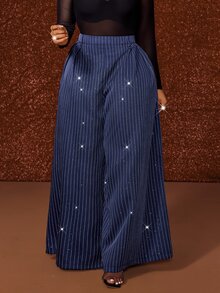 Maweii Plus Size Blue Casual Elegant Commuter Striped Sequin High Waist Long Suit Pants Party Office Fall - Blue - View 1