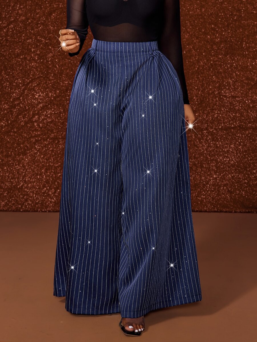 Maweii Plus Size Blue Casual Elegant Commuter Striped Sequin High Waist Long Suit Pants Party Office Fall - Blue - View 1