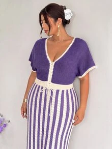 Firerie Plus Size Vintage Vacation Drawstring Tie Contrast Color Knit Dress - Purple - View 7