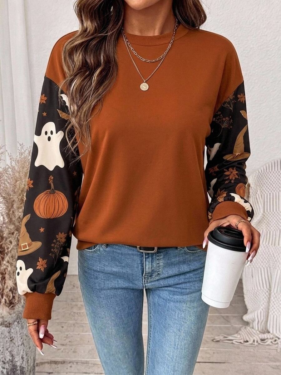 SHEIN LUNE Casual Minimalist Plus Size Floral Pattern Sweatshirt Suitable For Autumn/Winter - Multicolor - View 1