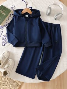 SHEIN ChillGRL Streecool 青少女 2 件套秋季服飾，常規厚度針織休閒百搭連帽拉鍊外套與寬鬆寬腿長褲套裝，馬術運動圖案印花，適合休閒運動 - 藏蓝色 - 查看 1