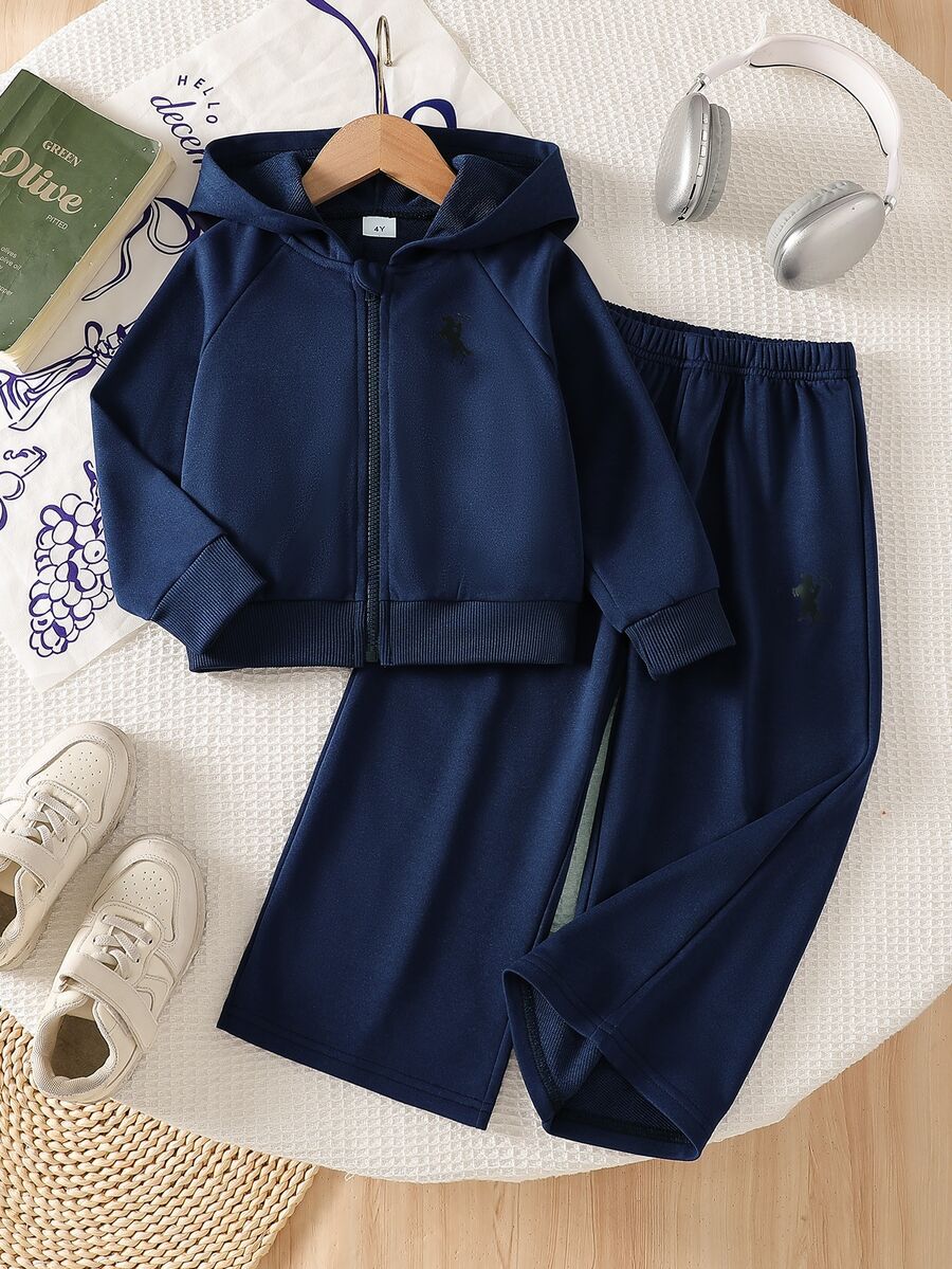 SHEIN ChillGRL Streecool 青少女 2 件套秋季服飾,常規厚度針織休閒百搭連帽拉鍊外套與寬鬆寬腿長褲套裝,馬術運動圖案印花,適合休閒運動 - 藏蓝色 - 查看 1
