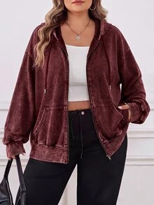 SHEIN CURVE+ 大尺碼開襟拉鍊式水洗布料長袖運動衫，黑色休閒套頭衫，2026 22W - 酒紅色 - 查看 7