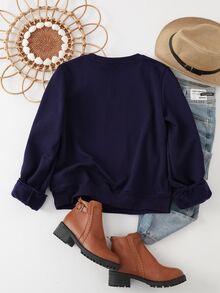 SHEIN LUNE 女款素色刺繡蝴蝶結圖案圓領長袖寬鬆套頭運動衫，基礎款秋冬款 - 藏蓝色 - 查看 5