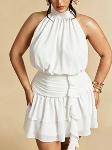 SHEIN BAE Plus Size Women Minimalist Sexy Pleated Ruffle Hem Halter Neck Dress - White - View 7